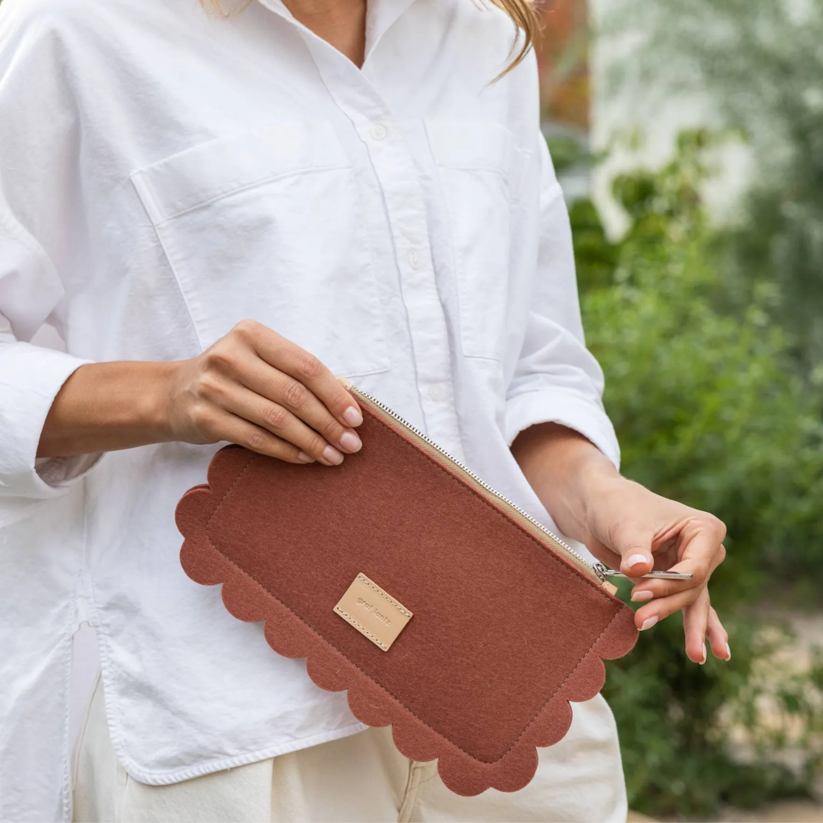 Graf Lantz · Deco Edge Merino Wool Clutch · Terracotta Vachetta | socius design in Rochester, MN