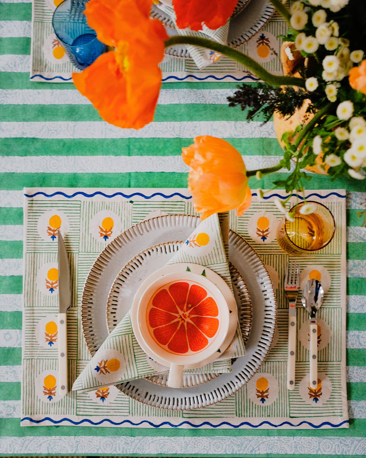 Soil to Studio · Maya Hand Block - Printed Cotton Tablecloth · Mint Green · 60x110" | socius design in Rochester, MN